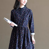 popular autumn new Mori-style printed stand-up collar loose base long-sleeved medium and long waist cotton and linen dress, women