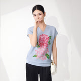 2025 Women's Summer Top Premium Large Size Printed V-Neck Loose Fashion Commuter Versatile Pleated Vest Short Sleeve T-Shirt
