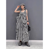 Popularan Station  Summer New Fashion Dress Large Size Casual Cotton and Linen Suspender Plaid Temperament Women