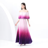 women's clothing  early spring new gradual change holiday wind one-word shoulder ruffle edge holiday printing long dress