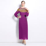 senior celebrity Fan Heavy Industry bead dress skirt temperament imperial sister Fan lantern sleeve pleated loose long dress