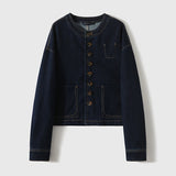 2025 Contrast color stitch collarless denim short jacket/cocoon jeans set, spring and autumn women's clothing short spring new