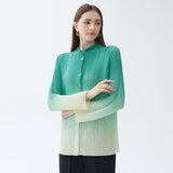 spring gradual change pleated chiffon shirt versatile casual small open neck sweet thin long sleeve printed top women