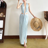 2025 style  spring new women's clothing waist thin temperament long dress deep V-neck sleeveless dress