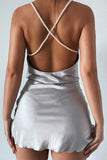 woloong Silk Strap Backless Mini Dress