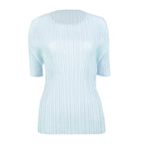 Miyake summer new Korean version simple basic solid color round neck pleated t-shirt slim and thin bottoming shirt top