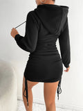 woloong Hooded Drawstring Ruched Sweatshirt Dress