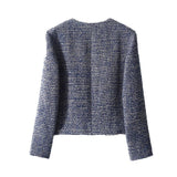 2025 Dream blue shiny silk wool tweed small fragrant short coat  spring new women's collarless top blue