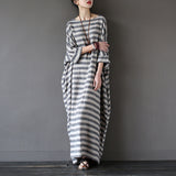 spring new ethnic style literary and retro robe medium and long retro loose striped cotton and linen dress women