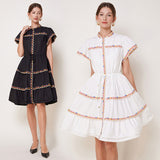 retro premium stand-up collar colored embroidered drawstring slim-fit dress women's  summer new