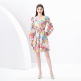 women's clothing  early spring new painted retro V-neck single-breasted printed wide pendulum long dress