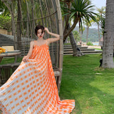 2025 Sanya seaside vacation style suspender dress women's summer  high-end sense one-word shoulder pleated pendulum long skirt