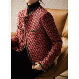 2025 Heavy Industry Premium Wool Xiaoxiangfeng Jacket Red Woven Tweed Thousand Birds Plaid Women's Autumn and Winter Short