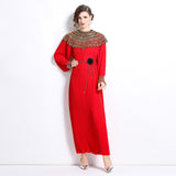 senior celebrity Fan Heavy Industry bead dress skirt temperament imperial sister Fan lantern sleeve pleated loose long dress