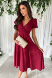 Popular trade 2025 women's clothing popular summer solid color sexy V-neck pleated waist bubble sleeve big pendulum dress