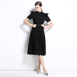 summer new  retro niche stand-up collar ruffle edge splicing waist hollow embroidery short-sleeved dress