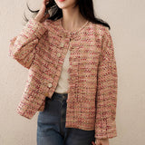 2025 New Chinese tweed jacket, high-end small fragrant round neck top  spring and autumn single-breasted long-sleeved short models