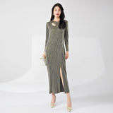 2025 Bronzing high-end dress high-end sense long-sleeved autumn new skirt split ends fashion temperament elegant dress long dress