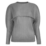 New pleated top women's spring women's clothing solid color long-sleeved crew neck t-shirt niche splicing temperament bottoming shirt