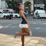 Spice girl style sexy neck denim splicing mini skirt women's summer new elastic tight suspender fashion dress