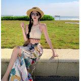 2025 Dopamine graffiti print wide-leg pants women's summer seaside wear high-waisted beach culottes drape split-ended color pants