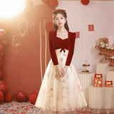Large size toasting dress bridal gauze skirt new Chinese engagement dress  new long-sleeved burgundy banquet dress