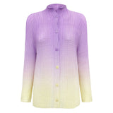 spring gradual change pleated chiffon shirt versatile casual small open neck sweet thin long sleeve printed top women