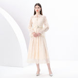 Early Spring - Retro Style Crew Neck Lantern Sleeve Embroidered Wide Swing Long Dress
