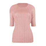 Miyake summer new Korean version simple basic solid color round neck pleated t-shirt slim and thin bottoming shirt top