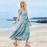 Popular trade women's popular summer girdle V-neck short-sleeved dress Bohemian vacation beach dress