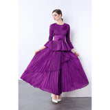 Miyake irregular swing skirt  spring new solid color lace-up pleated waist top dress two suits women