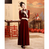 New Chinese Cheongsam Toast Bridal Engagement Wedding Evening Dress Red  New Velvet Long Sleeve Dress