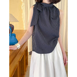 2025  Spring New Hot Style Korean Loose Chic Bow Sleeveless Striped Shirt 8106