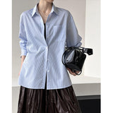 2025  2025 early spring new top design lazy loose blue and white stripes loose simple shirt women 1609