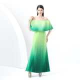 women's clothing  early spring new gradual change holiday wind one-word shoulder ruffle edge holiday printing long dress