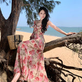 2025 Holiday style chiffon floral dress female sweet fairy belt big halter skirt thin beach temperament long dress
