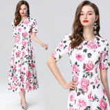 summer new short-sleeved waist slim-fitting and thin printed round neck medium and long big pendulum dress women