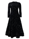 WOLOONG D469 New new women's clothing round neck long sleeve solid color sequins high waist temperament medium and long dress 2025 dress