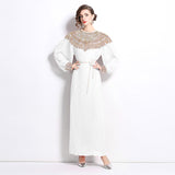 senior celebrity Fan Heavy Industry bead dress skirt temperament imperial sister Fan lantern sleeve pleated loose long dress