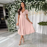 Popular trade 2025 women's clothing popular summer solid color sexy V-neck pleated waist bubble sleeve big pendulum dress
