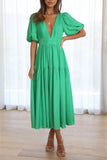 woloong Lantern Sleeve V-neck Cinched Waist Midi Dress