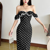 2025 style  spring new women's clothing polka dot off-the-shoulder ruffle edge waist thin long dress dress