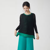 2025 Pleated clothes long-sleeved T-shirt women's loose large size meat covering irregular high-end fashion pullover versatile top summer