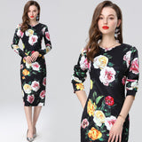 Popular trade women's clothing  spring new high-waisted slim-fit dress long-sleeved round neck printed hip-wrapped skirt