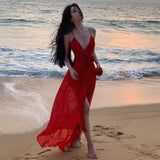 2025 Seaside photo Sanya beach dress holiday wind sexy elegant ruffle leaf edge long high split suspender dress women
