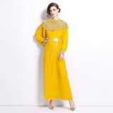 senior celebrity Fan Heavy Industry bead dress skirt temperament imperial sister Fan lantern sleeve pleated loose long dress