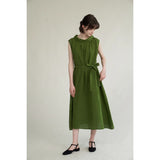 Cotton and linen wear neckline pleated belt sleeveless dress  summer new green simple dress