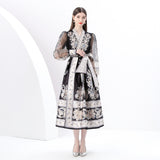 Women's Clothing  Early Spring - Vacation Wrap Lace-Up Style V-Neck Lantern Sleeve Long Vintage Printed Dress