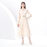 Early Spring - Retro Style Crew Neck Lantern Sleeve Embroidered Wide Swing Long Dress