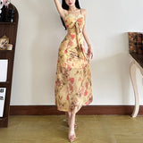 2025 style  spring new women's clothing retro floral lace-up bow suspender long dress dress